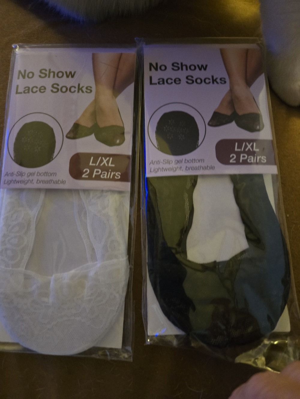 No Show Lace Socks L/XL 2 Pairs - White & Black